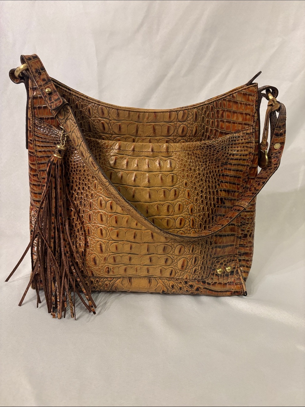 Brahmin Cognac Croc-Embossed Shoulder Bag with Tassel Detail